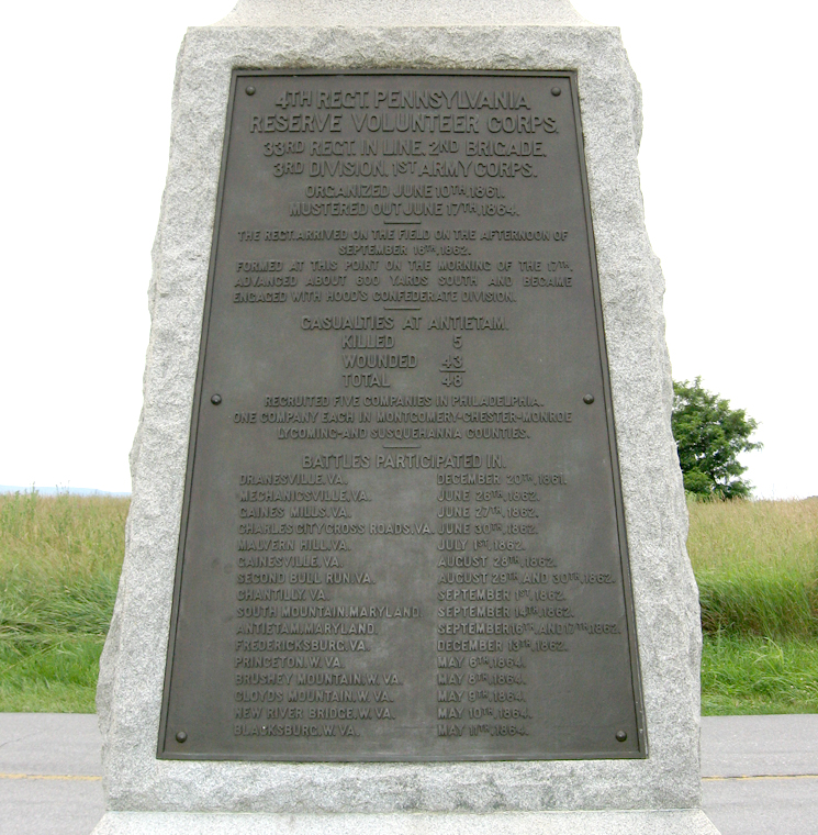 Bronze tablet from the rear of the Monument to the 4th Regiment Pennsylvania Reserves at Antietam