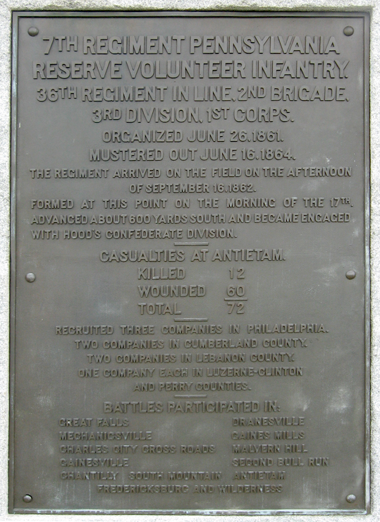 Closeup of the bronze tablet from the Monument to the 7th Regiment Pennsylvania Reserves at Antietam