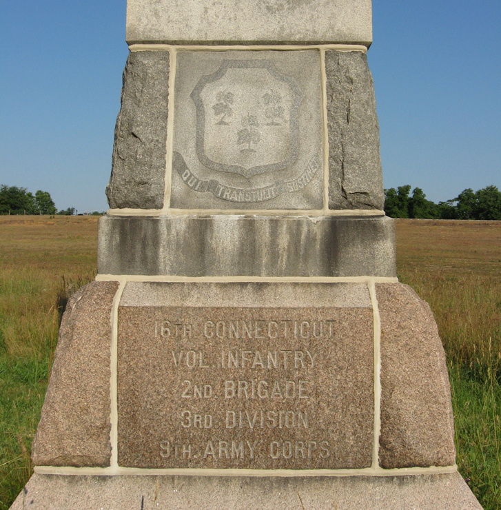 Detail from the east side of the monument to the 16th Connecticut Volunteer Infantry Regiment at Antietam