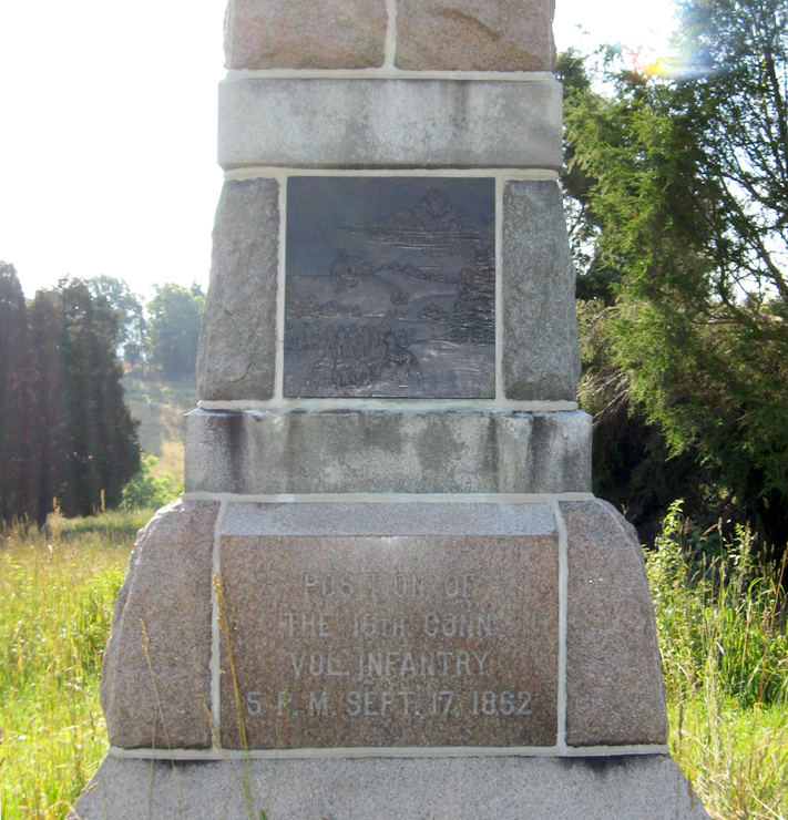 Detail from the west side of the monument to the 16th Connecticut Volunteer Infantry Regiment at Antietam