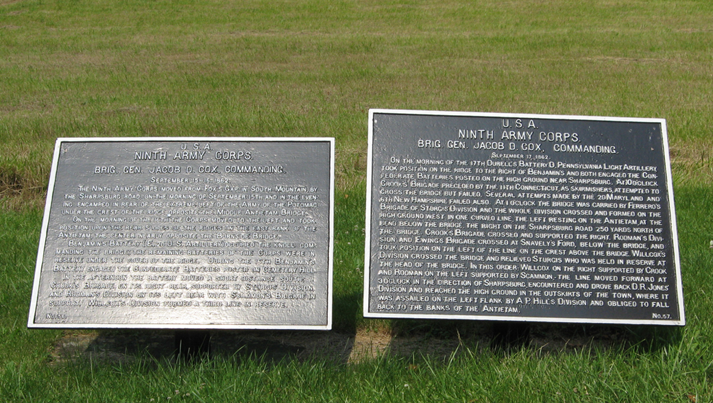 Two Ninth Corps markers, number 55 and 56 of the War Department Union markers at Antietam
