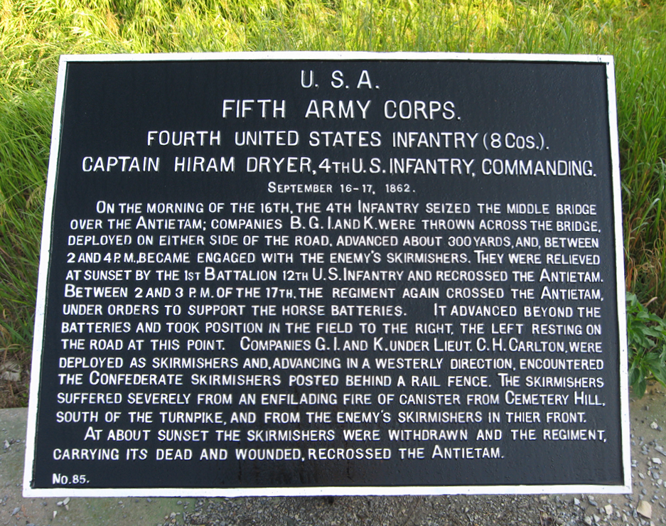Fourth United States Infantry, marker 85 of the War Department Union markers at Antietam