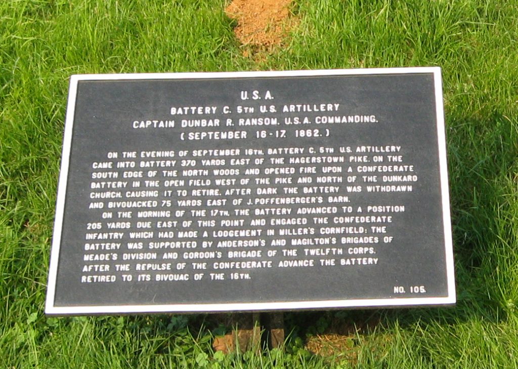 Battery C, 5th U.S. Artillery, marker 105 of the War Department Union markers at Antietam