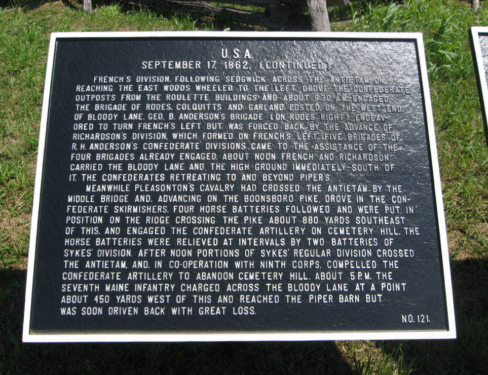 Army of the Potomac September 17, 1862, continued. Number 121 of the Union War Department markers at Antietam