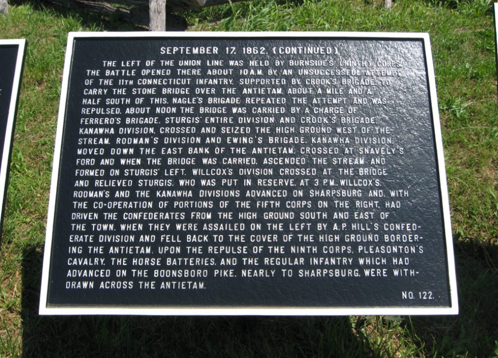 Army of the Potomac September 17, 1862, continued. Number 122 of the Union War Department markers at Antietam