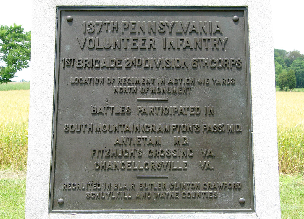 Closeup of the tablet from the monument to the 137th Pennsylvania Volunteer Infantry Regiment at Antietam