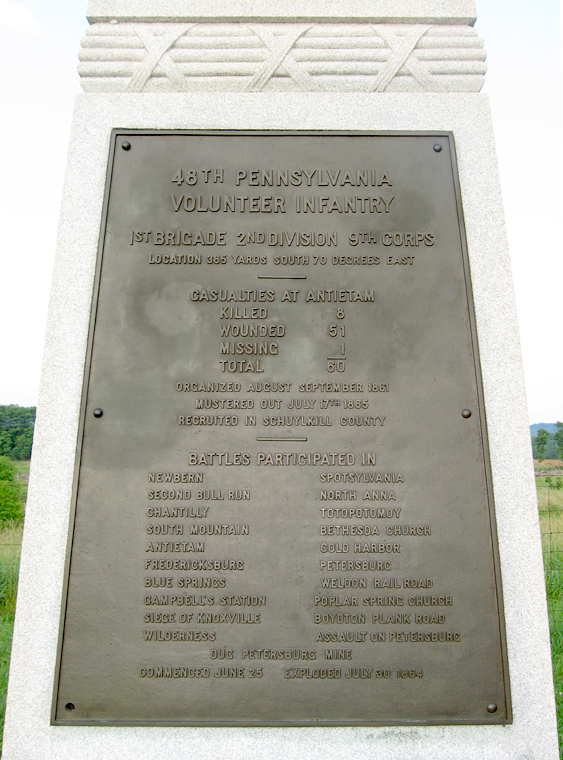 Detail of the bronze tablet on the front of the monument to the 48th Pennsylvania Volunteer Infantry Regiment at Antietam