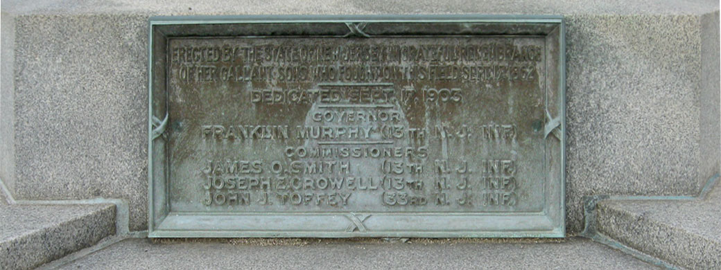 Closeup of the dedication panel from the State of New Jersey Monument at Antietam