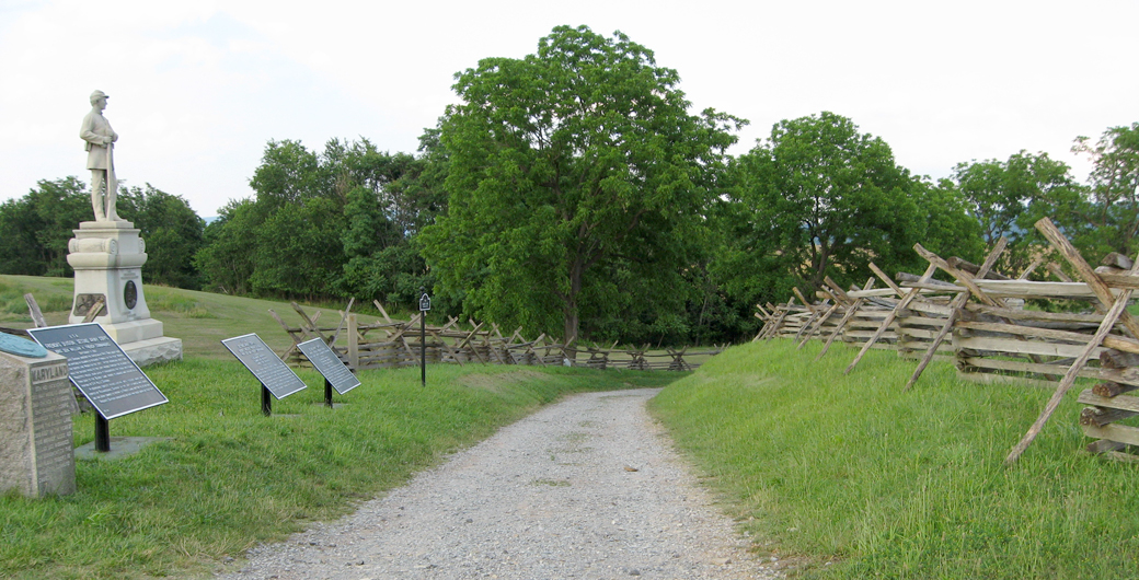 The Sunken Road, with the monument to the 130th Pennsylvania Infantry Regiment on the left.