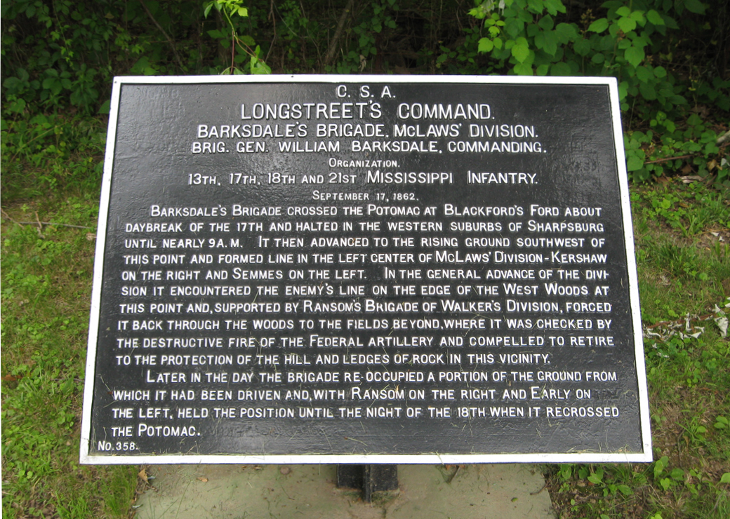 Barksdale's Brigade, McLaw's Division, marker 358 of the War Department Confederate markers at Antietam